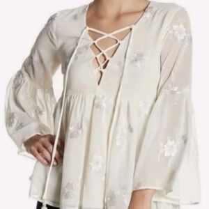 Show Me Your Mumu Ivory Floral Embroidered Bell Sleeve Poet Tie‎ Top Large New
